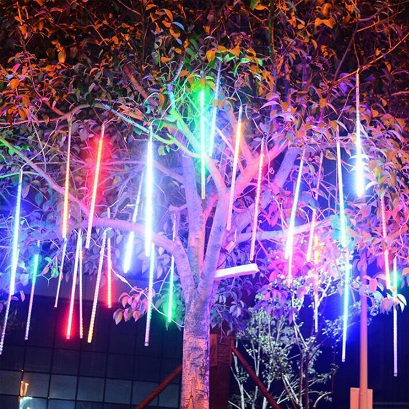 Outdoor LED meteor shower string lights, perfect for garden trees & holiday decorations, waterproof.