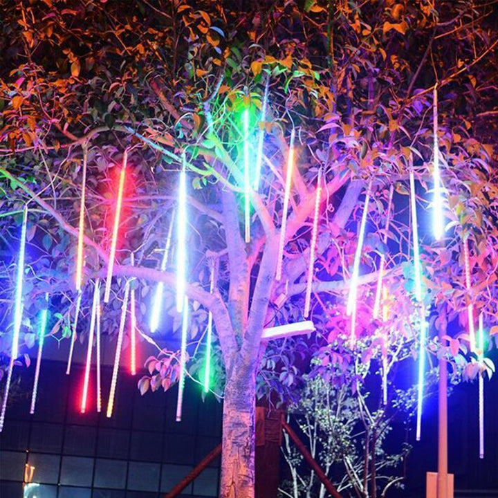 Outdoor LED meteor shower string lights, perfect for garden trees & holiday decorations, waterproof.