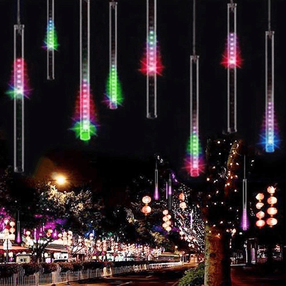 Colorful outdoor LED meteor shower lighting, perfect for festive gatherings & garden enhancement.