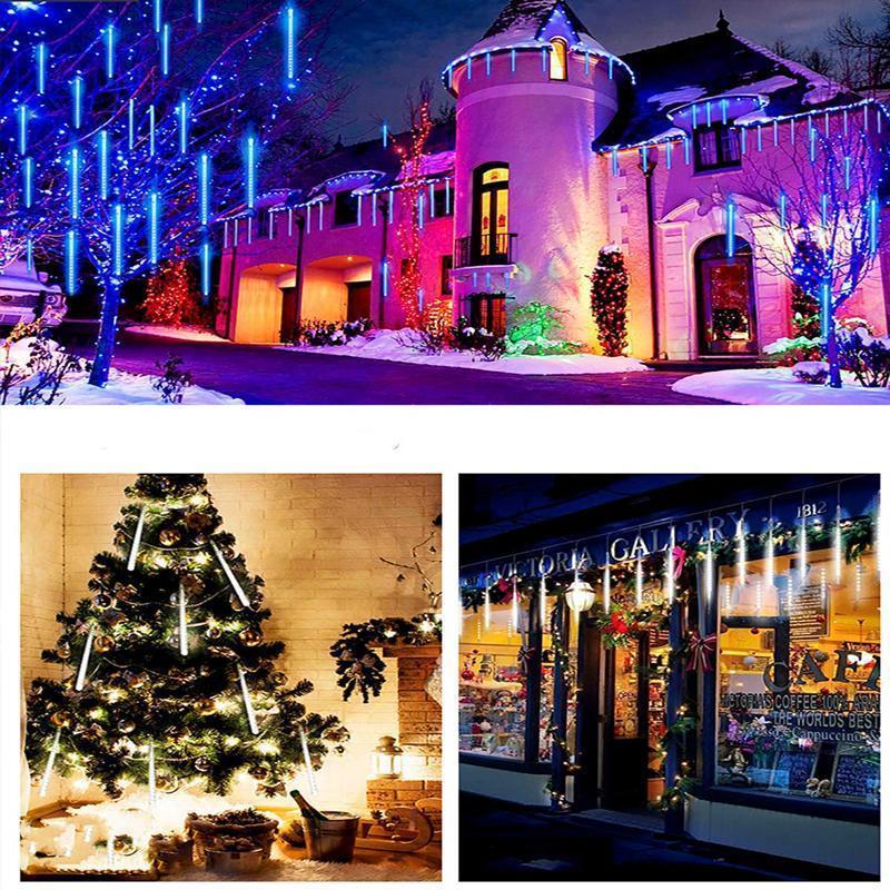Waterproof outdoor meteor shower LED string lights, enchanting rainfall effect for garden & patio.