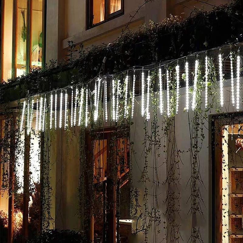 Decorative outdoor LED meteor shower lights, creating a magical ambiance for holiday lighting.