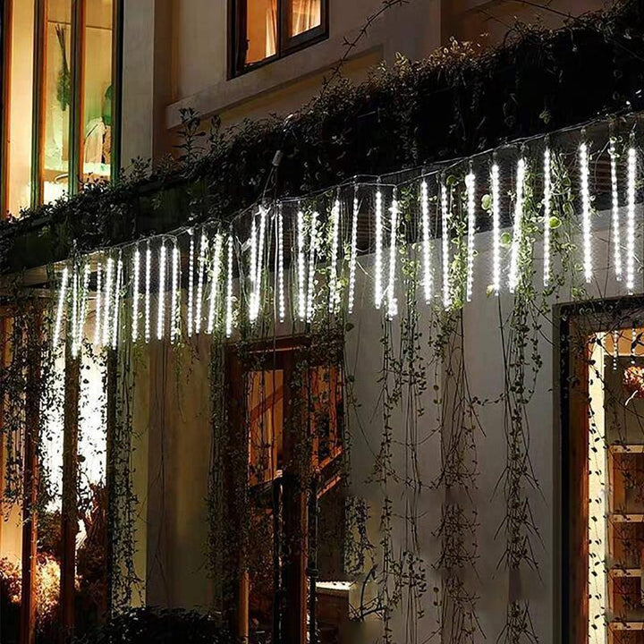 Decorative outdoor LED meteor shower lights, creating a magical ambiance for holiday lighting.