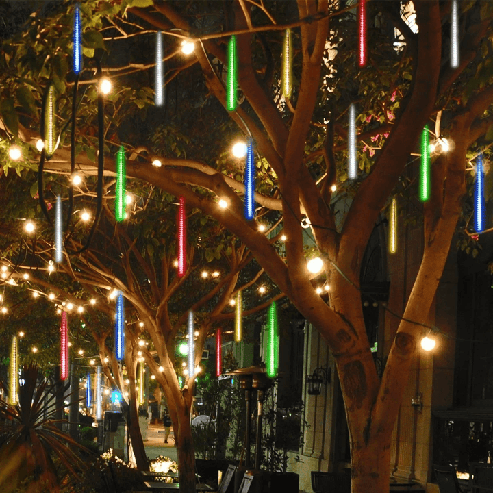 Long string of LED meteor rainfall lights, durable & waterproof for outdoor garden decoration.
