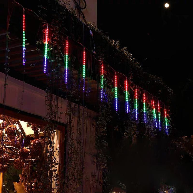 Meteor shower LED lights, 50cm tubes, ideal for outdoor trees, adding festive charm.