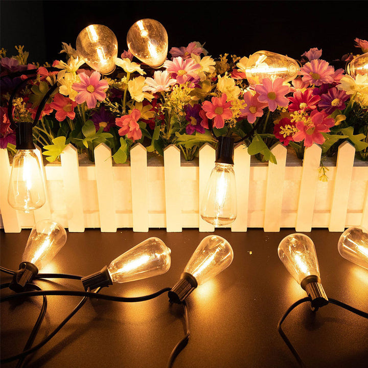 Flexible outdoor LED string lights, draped artistically over a patio pergola