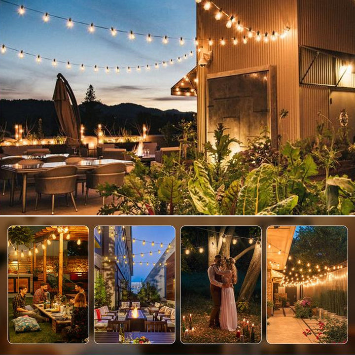 Outdoor event lighting with LED string lights, perfect for weddings & parties