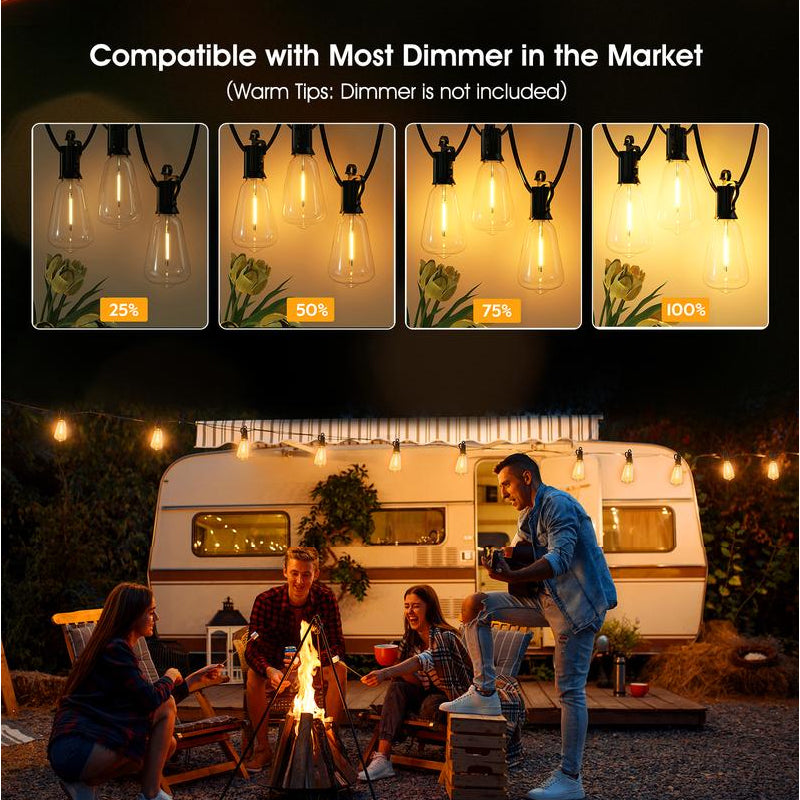 Waterproof LED String Lights, shatterproof bulbs on a dark patio setting