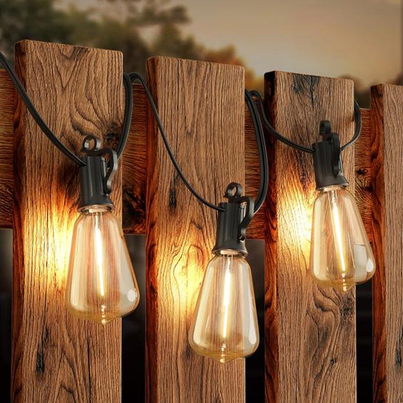 Connectable patio string lights, extending across a large outdoor living space