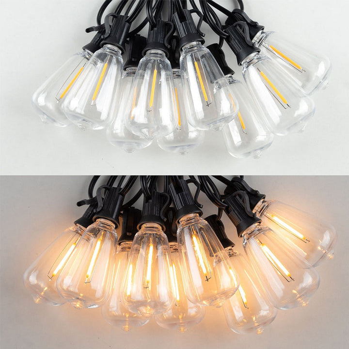 Warm glow LED string lights, enhancing a patio's evening decor and atmosphere