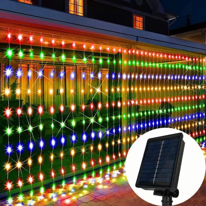 Versatile outdoor solar curtain lights, warm white & multicolor options for festive garden and patio lighting.