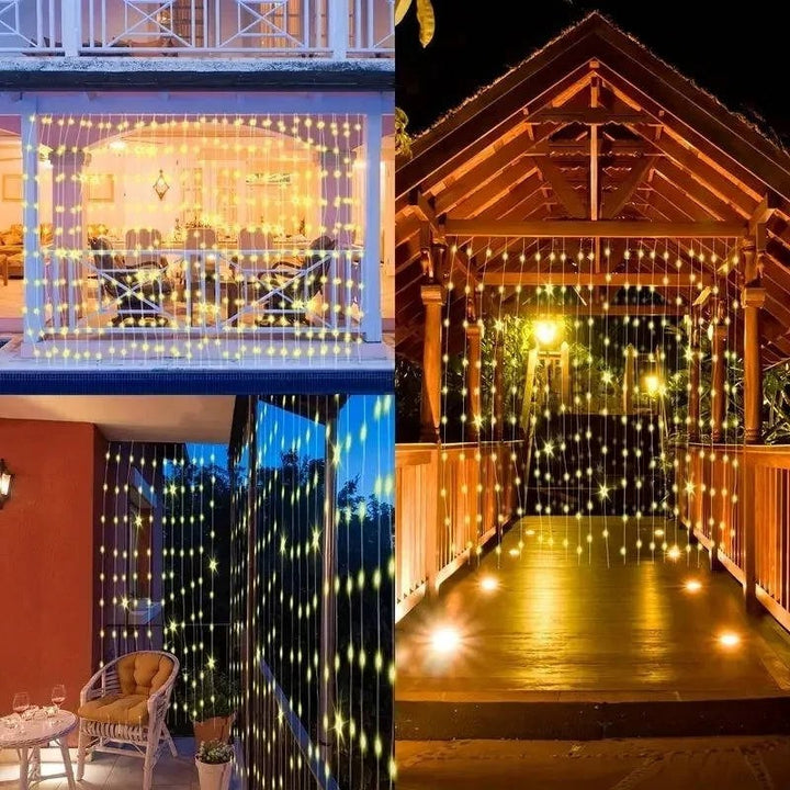 Easy-to-install solar curtain lights, warm white, creating a cozy patio ambiance. Weatherproof outdoor LED decor.