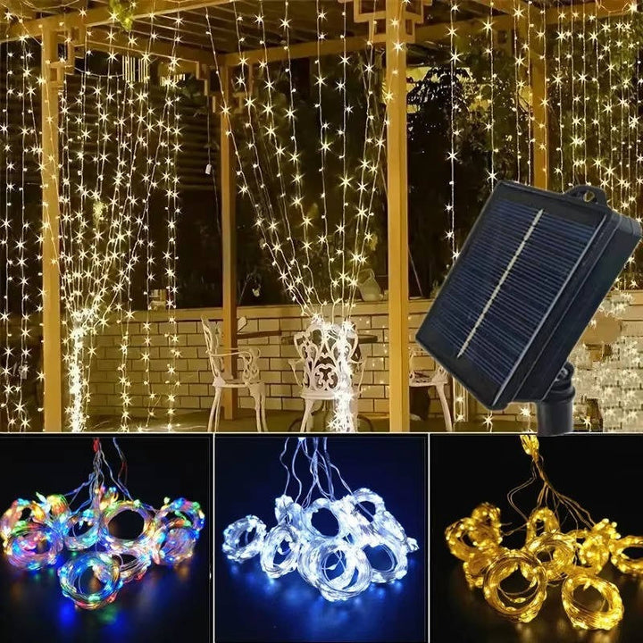 Garden lighting with vibrant multicolor solar curtain lights. Automatic, energy-saving LED fairy lights for backyard.