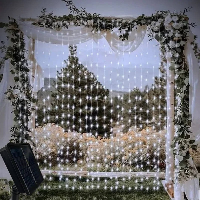 Vibrant multicolor LED solar curtain lights, perfect for festive outdoor and backyard decor, energy efficient.