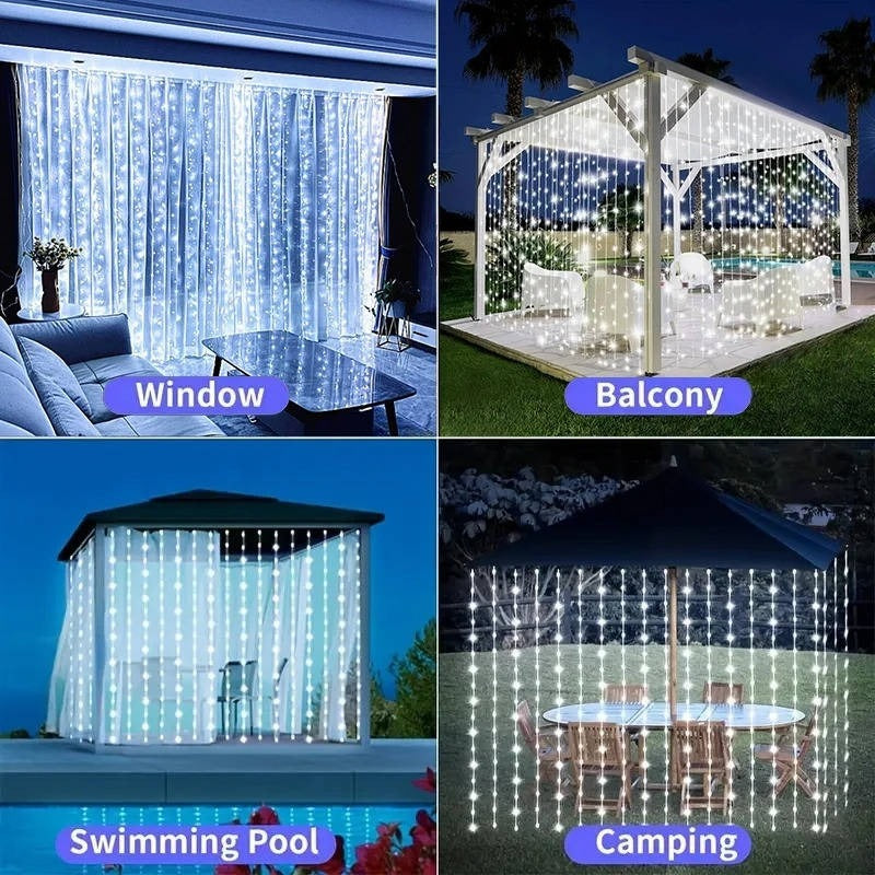 Warm white outdoor solar curtain lights illuminating a patio at night. Creates a beautiful, energy-saving ambiance.