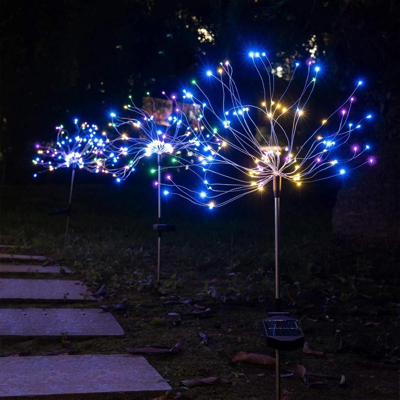 Decorative solar LED firework light in a plant pot, 120 warm white LEDs, vibrant garden accent