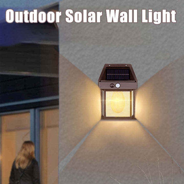 Weatherproof solar wall lamp mounted on a brick wall, enhancing home safety
