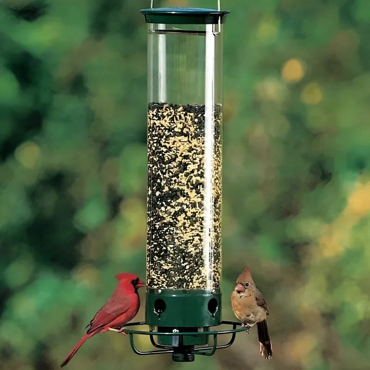 Outdoor squirrel-resistant bird feeder. Durable metal and polycarbonate hanging seed dispenser for garden & wild birds.