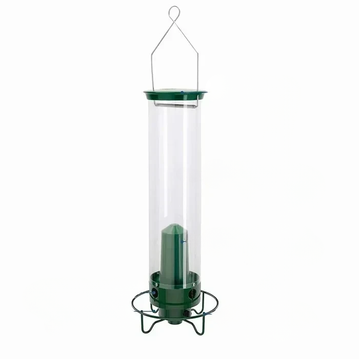 Close-up of a stylish squirrel-resistant bird feeder for gardens, featuring sturdy metal and and clear polycarbonate.