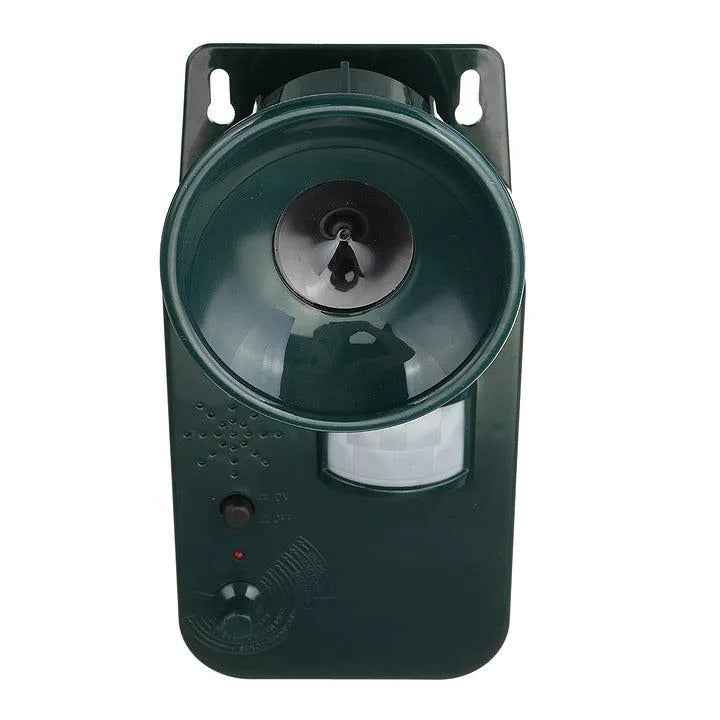 Garden protection system: outdoor ultrasonic animal deterrent with wide coverage and motion sensing.