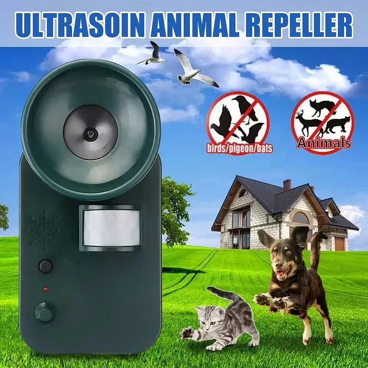 Yard security solution: motion-activated ultrasonic deterrent for 5,000 sq ft against unwanted wildlife.