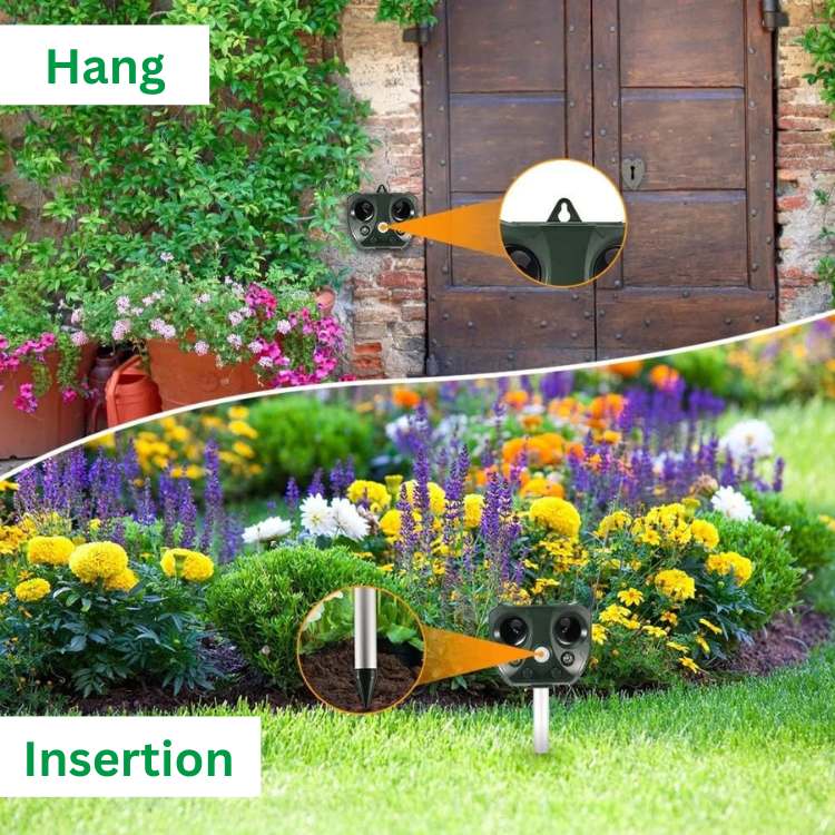 Effective outdoor pest repeller. Ultrasonic technology, solar-powered & motion sensor for humane bird deterrence.