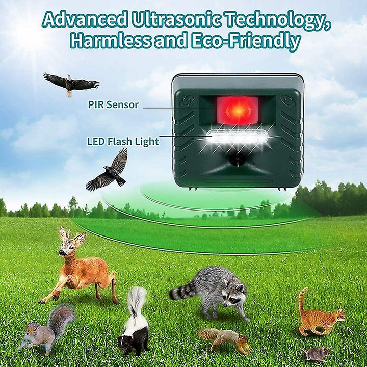 Close-up of an outdoor ultrasonic pest repeller with solar panel for humane bird control & garden protection.