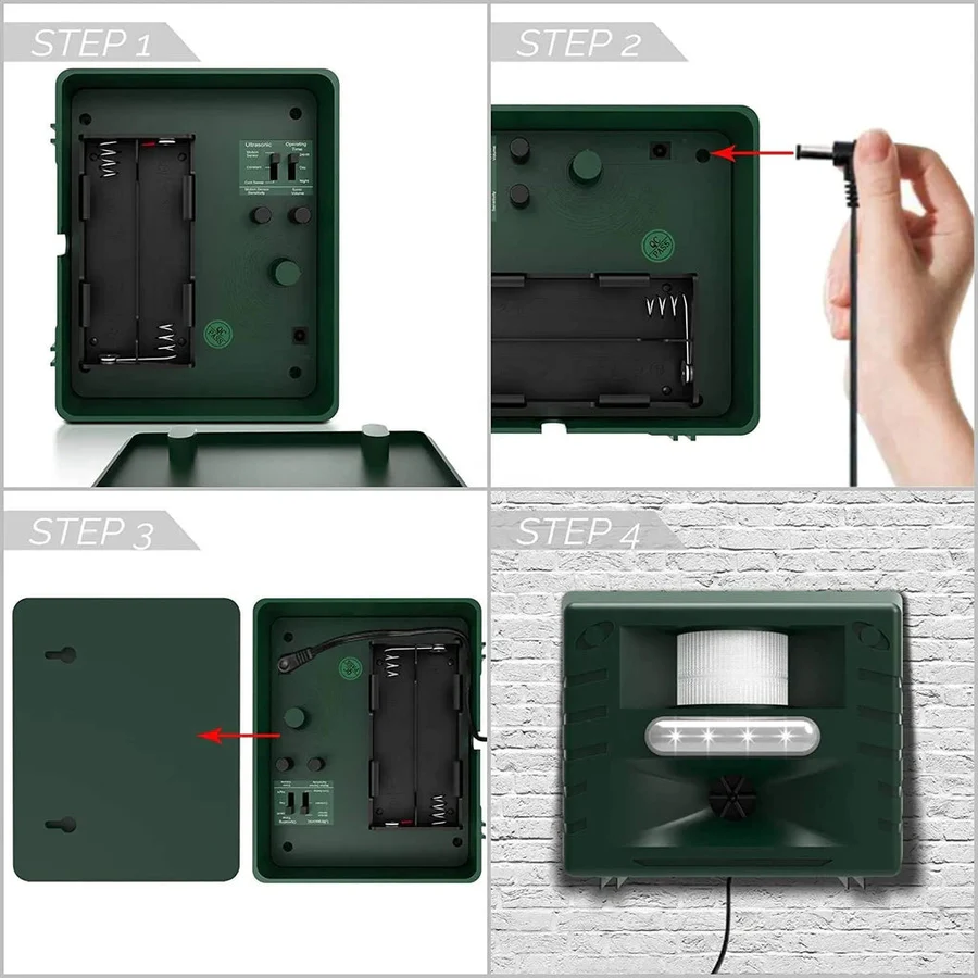 High-tech outdoor animal repeller using ultrasonic waves to humanely deter pigeons and woodpeckers.