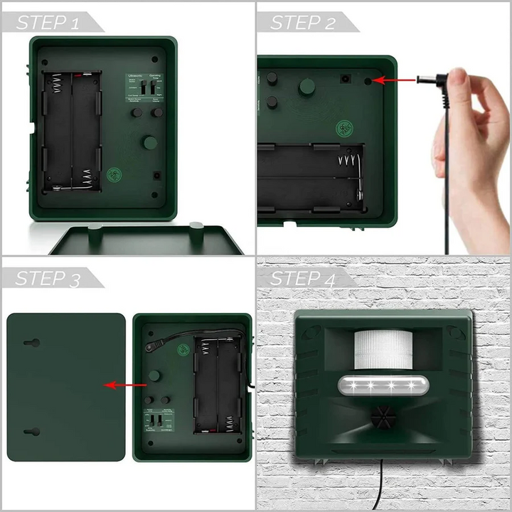 High-tech outdoor animal repeller using ultrasonic waves to humanely deter pigeons and woodpeckers.