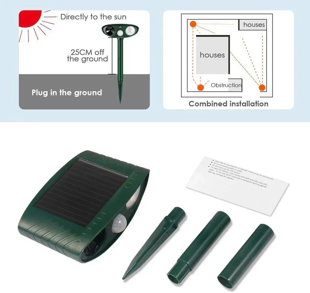 Green garden with an active solar ultrasonic deer repeller preventing animal damage.