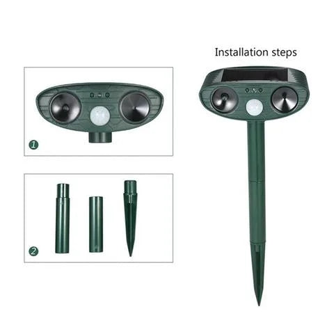 Modern ultrasonic deer repeller, solar powered & weather-resistant, for outdoor pest control.