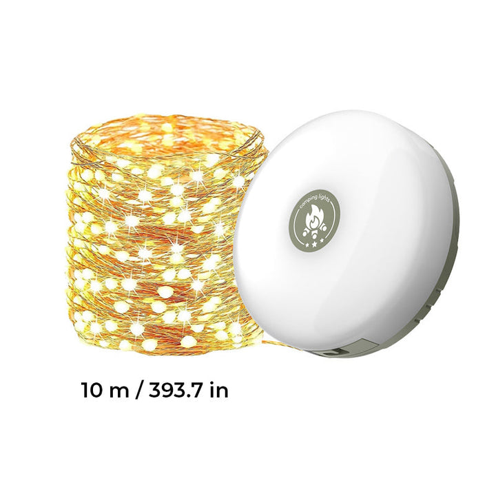 Stowable string lights with integrated solar panel, IP65 waterproof, essential for outdoor gear.