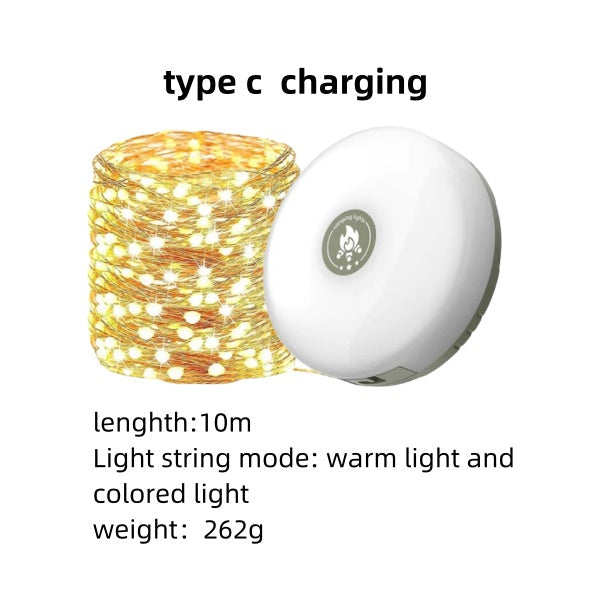 Camping string lights, waterproof, solar & USB-C charging, bright LED for outdoor spaces.