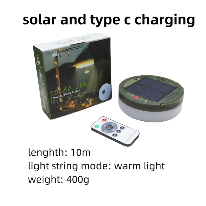 Portable string lights for patio, garden, or camping, waterproof, solar-powered, easy setup.