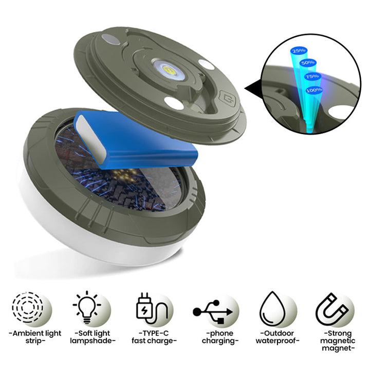 Stowable string lights with solar panel & Type-C charging, ideal for outdoor adventures.