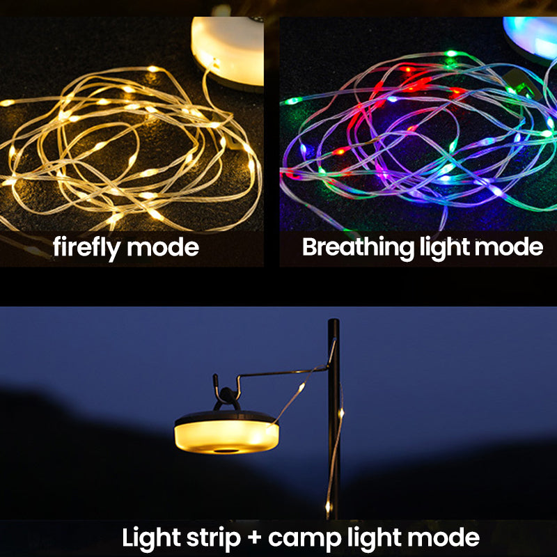 Compact portable string lights with built-in solar, LED, IP65 waterproof, for outdoor camping.