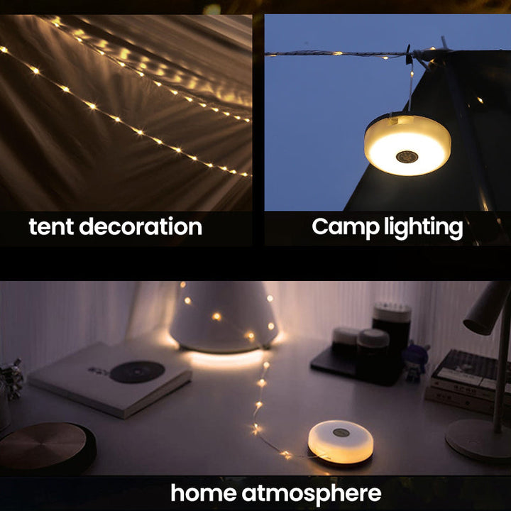 Outdoor string lights with USB-C charging, solar panel, stowable design, 9900mAh battery.