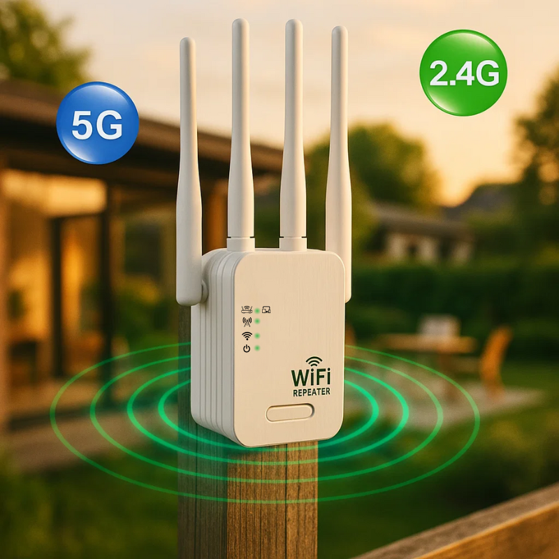 Outdoor WiFi extender for backyard coverage. High-speed dual-band wireless repeater for garden network.
