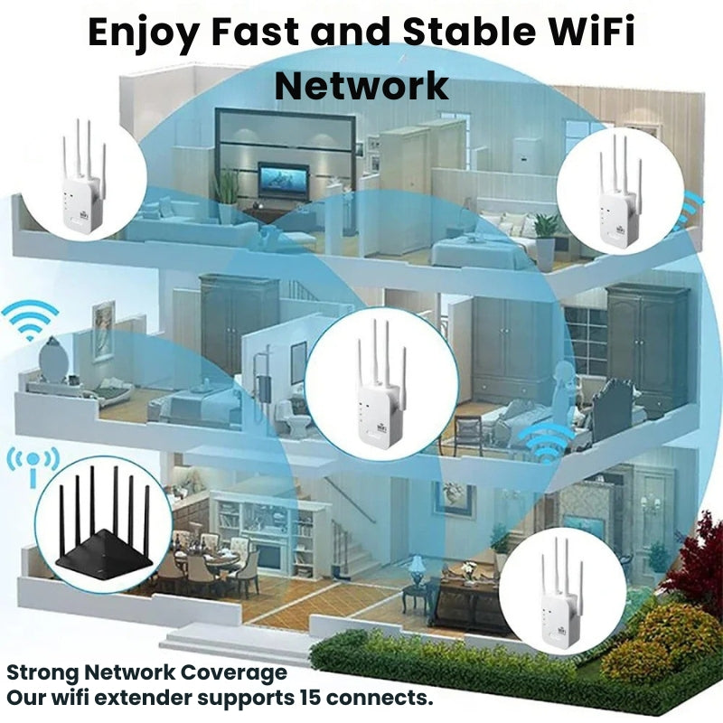 Universal outdoor WiFi extender boosting signal for seamless backyard & home office network coverage.