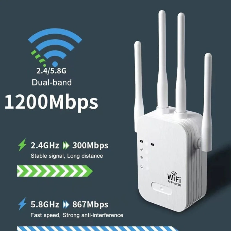 Universal outdoor dual-band WiFi extender. High-speed wireless repeater for garden and backyard network.