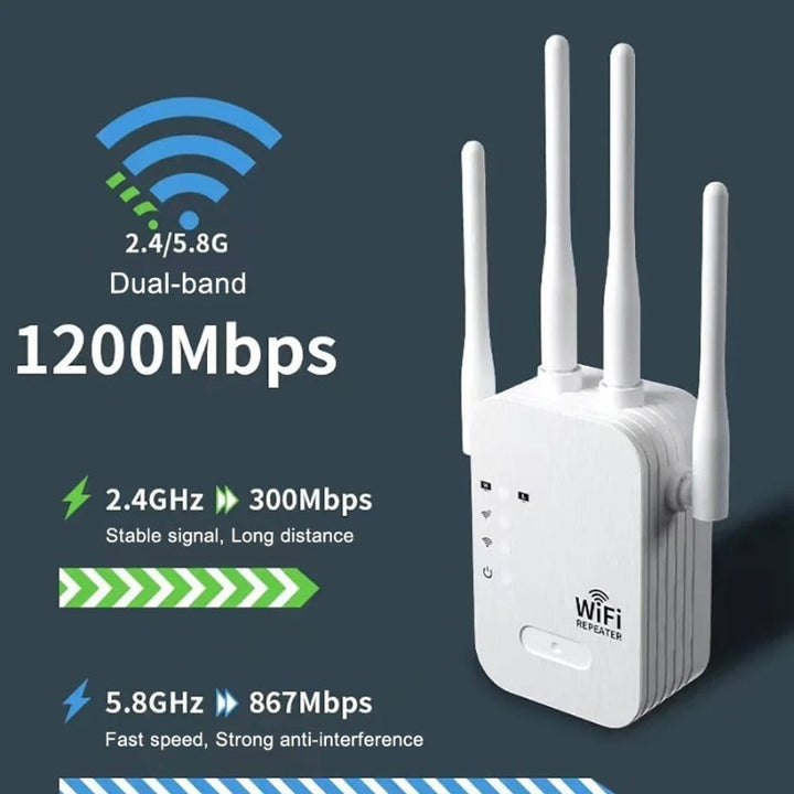 Universal outdoor dual-band WiFi extender. High-speed wireless repeater for garden and backyard network.