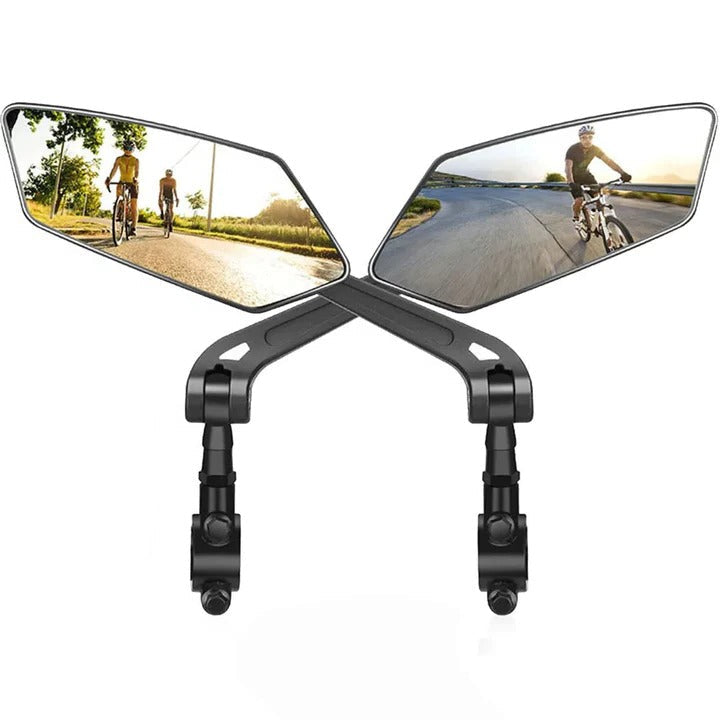 Pair of bike handlebar rearview mirrors with 360° swivel for enhanced cycling safety and full view.