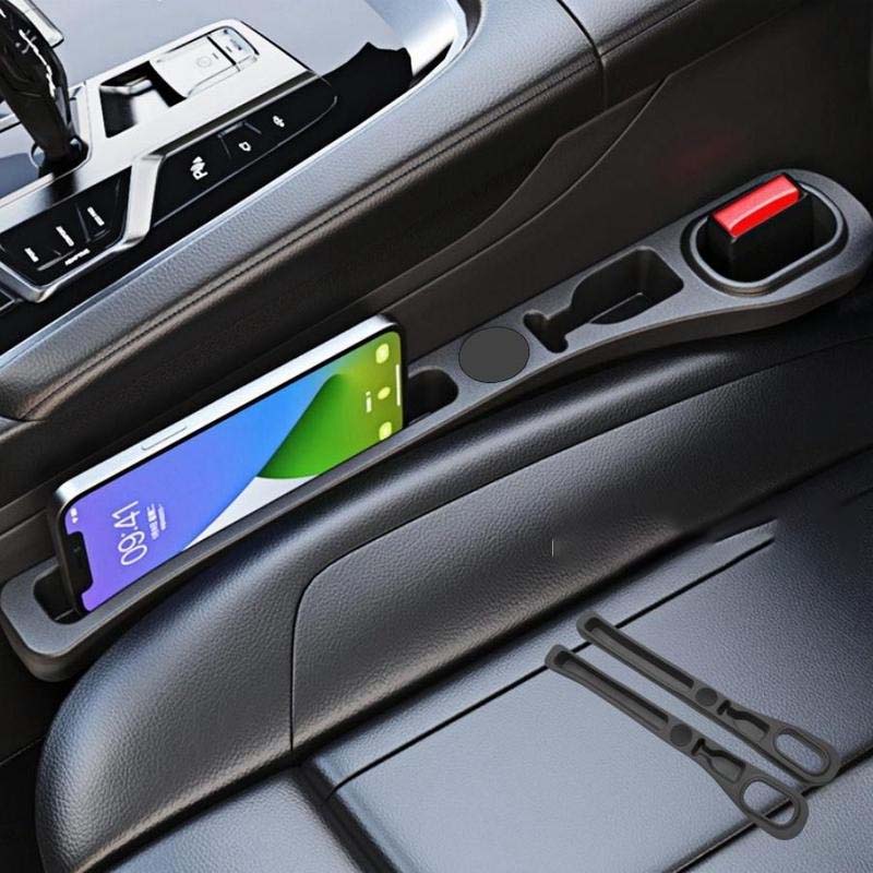 Pair of black PU leather car seat gap fillers and organizers, shown from a front-angle perspective.