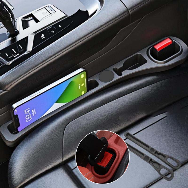 Passenger's side car seat gap filler, empty, showing its potential for extra auto storage.