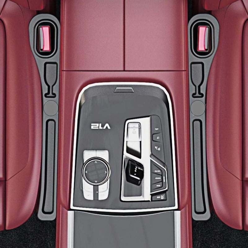 Unisex car seat gap filler and organizer in black, detailing the storage compartments for phones and keys.