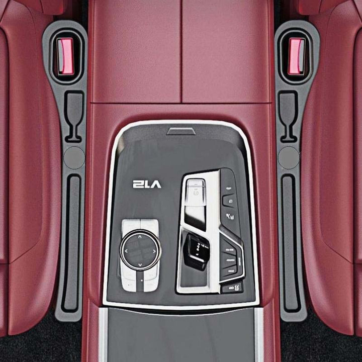 Unisex car seat gap filler and organizer in black, detailing the storage compartments for phones and keys.