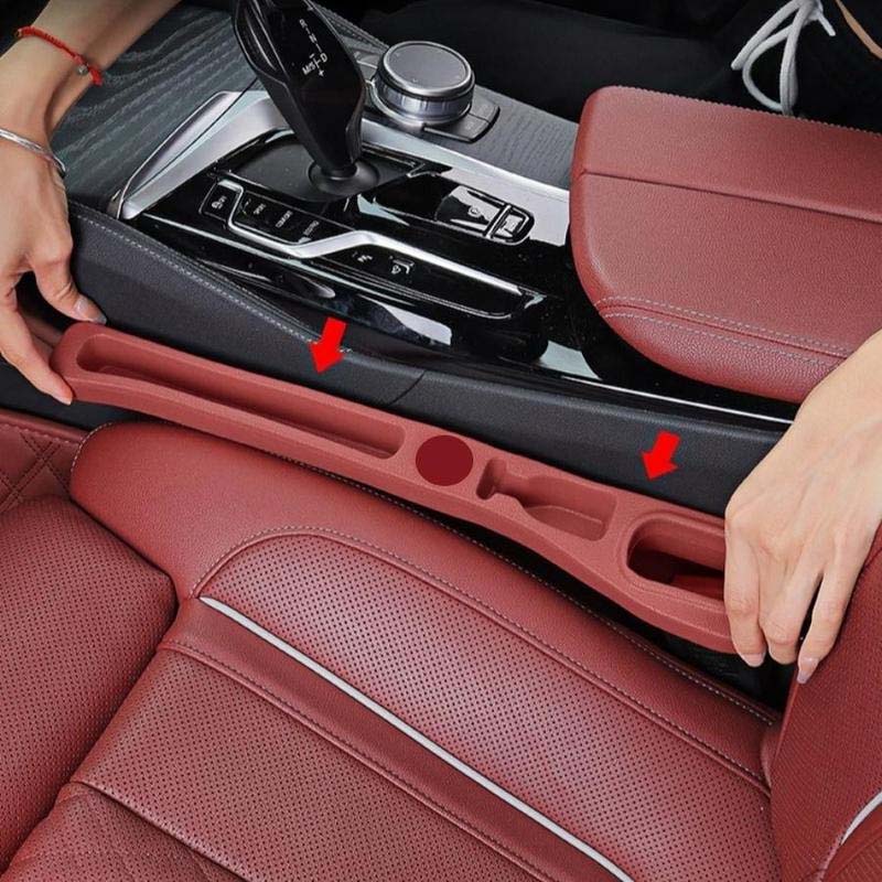 Close-up of a car seat gap filler organizer, showcasing its stitching and material quality.