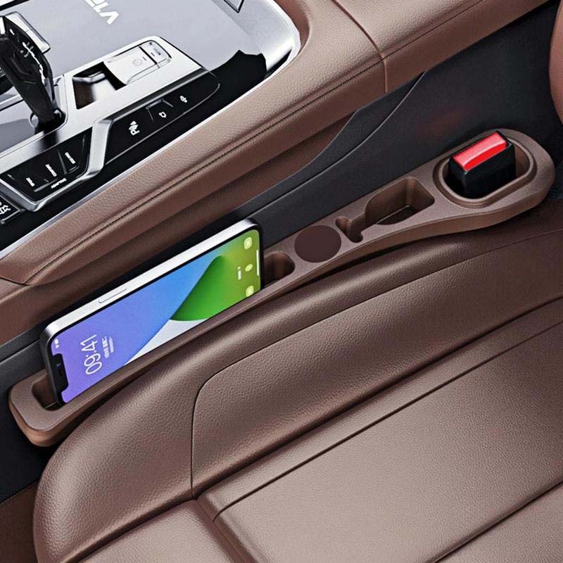Set of two PU leather car seat gap organizers, illustrating their universal fit for various car models.