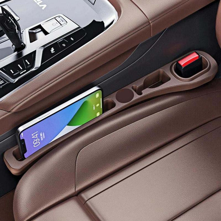 Set of two PU leather car seat gap organizers, illustrating their universal fit for various car models.