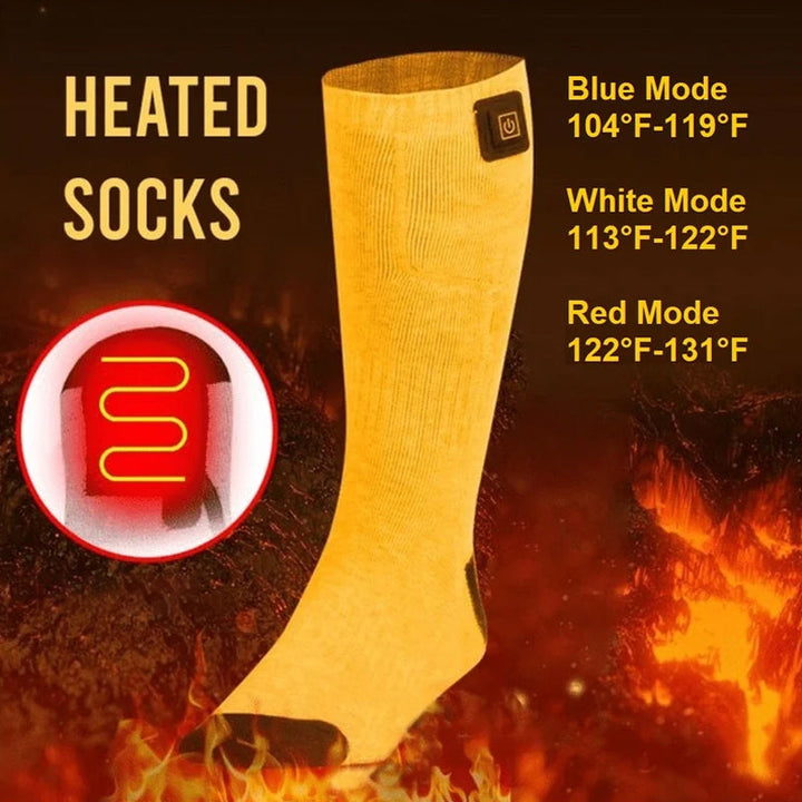 Close-up of the battery pack on unisex electric heated socks, showing temperature controls.