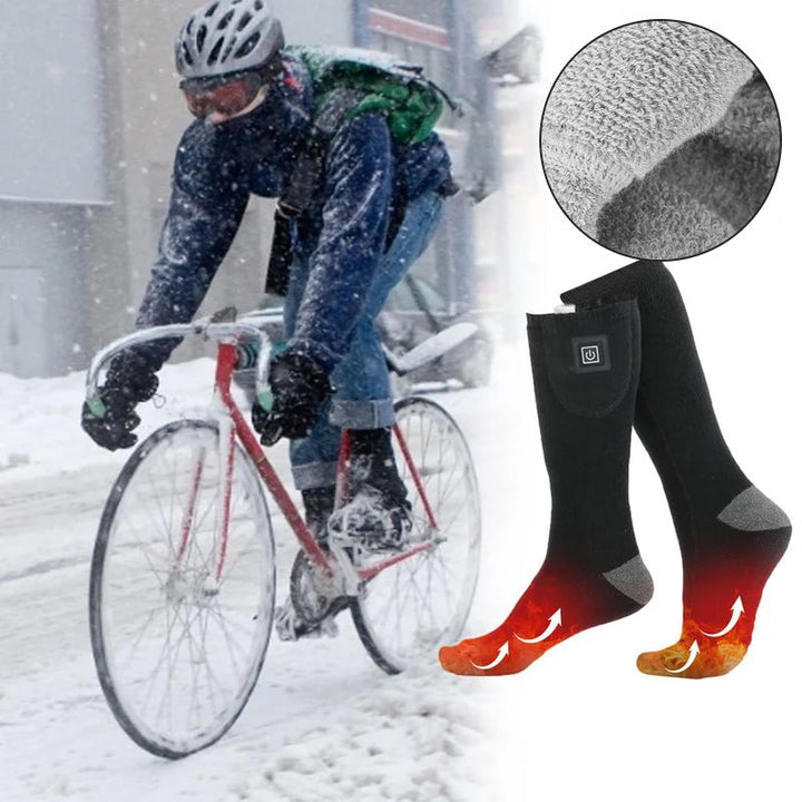Electric socks with visible heating elements, highlighting warmth for cold weather.